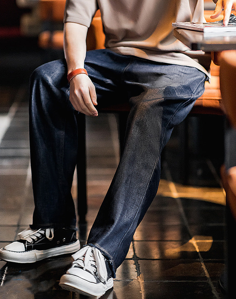 American Casual Denim Washed Raw Edge Straight Men's Jeans - Harmony Gallery