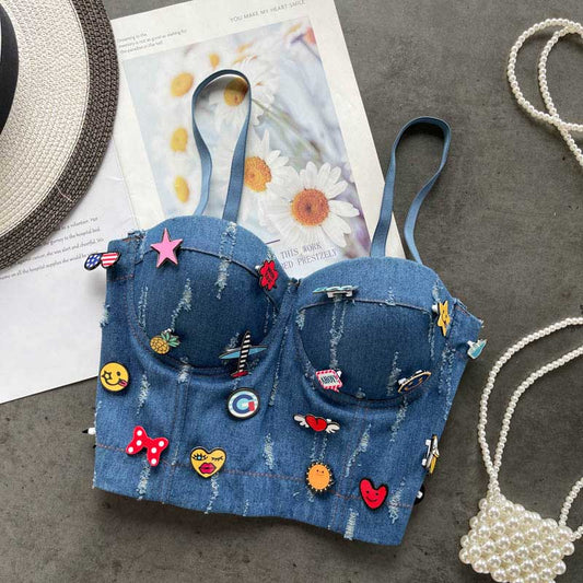 Hot American Fashionable All-Match Camisole Denim Crop Top - Harmony Gallery