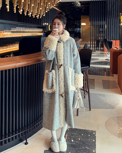 Horn Buckle Houndstooth Woolen Winter Women's Coat - Harmony Gallery