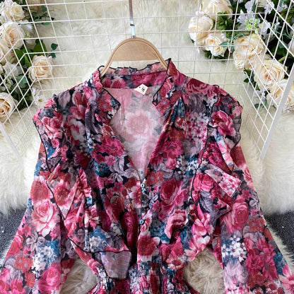 Printed Long Skirt Ruffled Retro Printed Women's Dress - Harmony Gallery