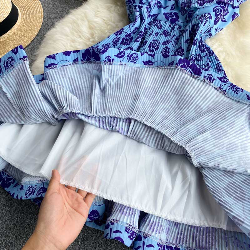 Holiday Summer Pleated V-Neck Slim Short Printed Women's Dress - Harmony Gallery