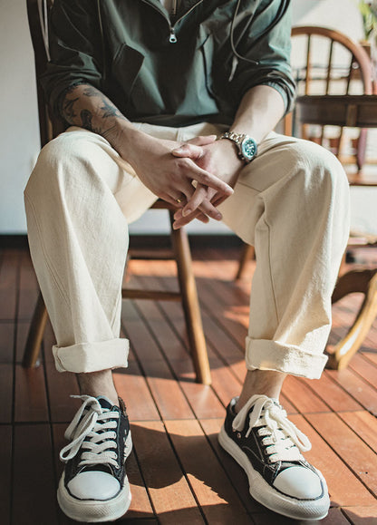 Retro Cotton Rice White Casual Wear-Resistant Men's Jeans - Harmony Gallery
