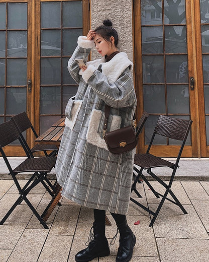 Plaid Mid-Length Loose Winter Woolen Women's Coat - Harmony Gallery