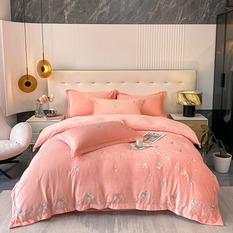 Four-Piece Warm Velvet Embroidery Plush Winter Bed Set - Harmony Gallery