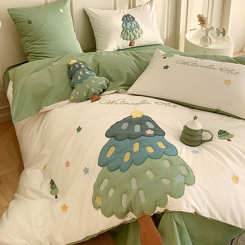 Tree & Stars Embroidery Seven-Piece Soft Cotton Bed Set - Harmony Gallery