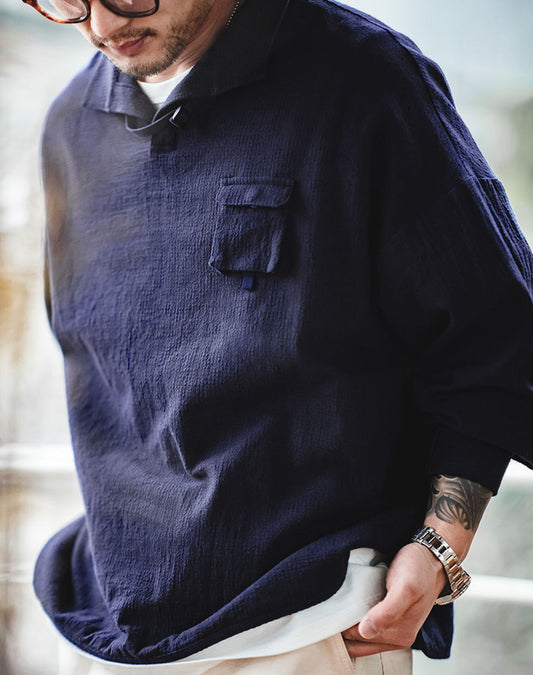 Retro Texture Polo Silhouette Loose Cotton Lapel Men's Sweater - Harmony Gallery