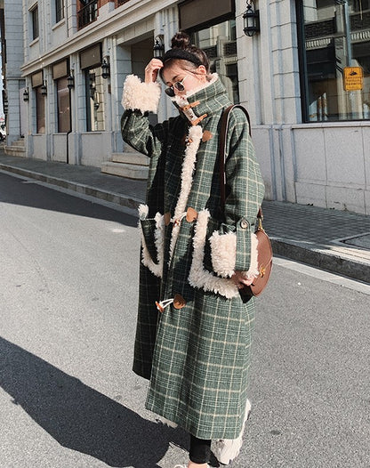 Plaid Loose Woolen Horn Button Winter Women's Coat - Harmony Gallery