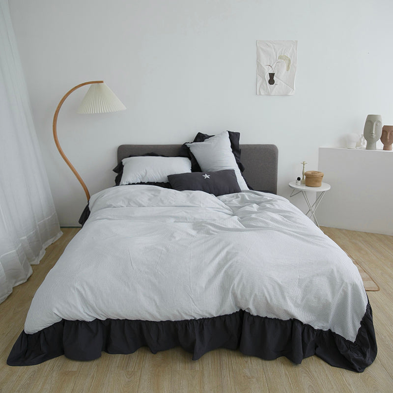 Dark Cotton Washed Lotus Leaf Lace Four-Piece Striped Bed Set - Harmony Gallery