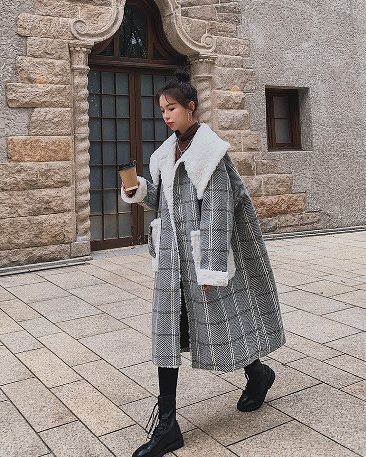 Plaid Mid-Length Loose Winter Woolen Women's Coat - Harmony Gallery