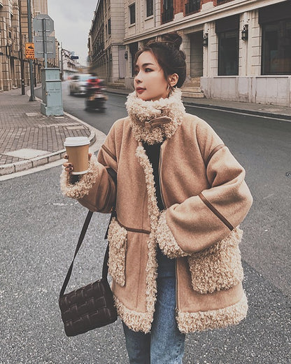 Furry Collar Loose Padded Winter Lamb Wool Women's Jacket - Harmony Gallery