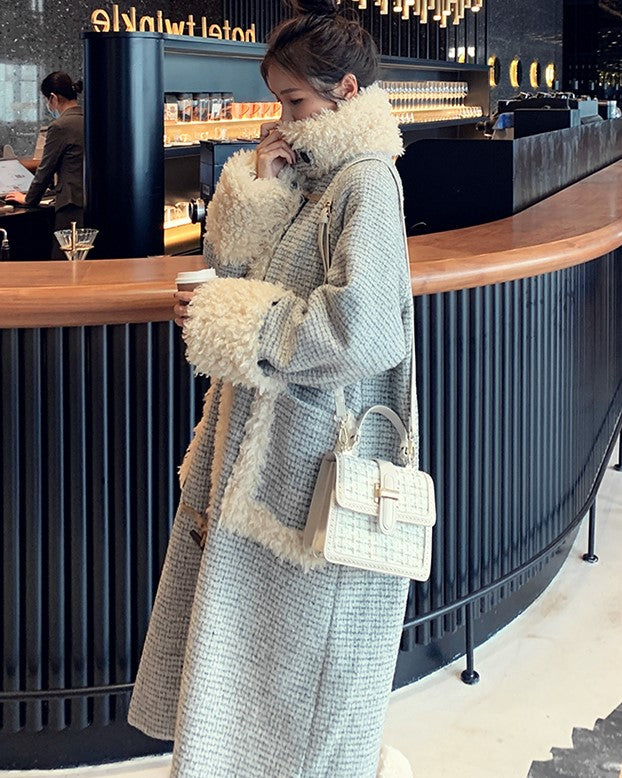 Horn Buckle Houndstooth Woolen Winter Women's Coat - Harmony Gallery