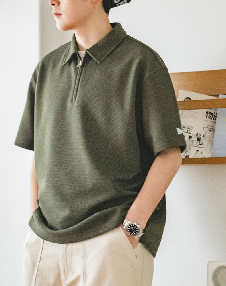 American Waffle Polo Half-Zipper Lapel Five-Quarter Men's T-Shirt - Harmony Gallery