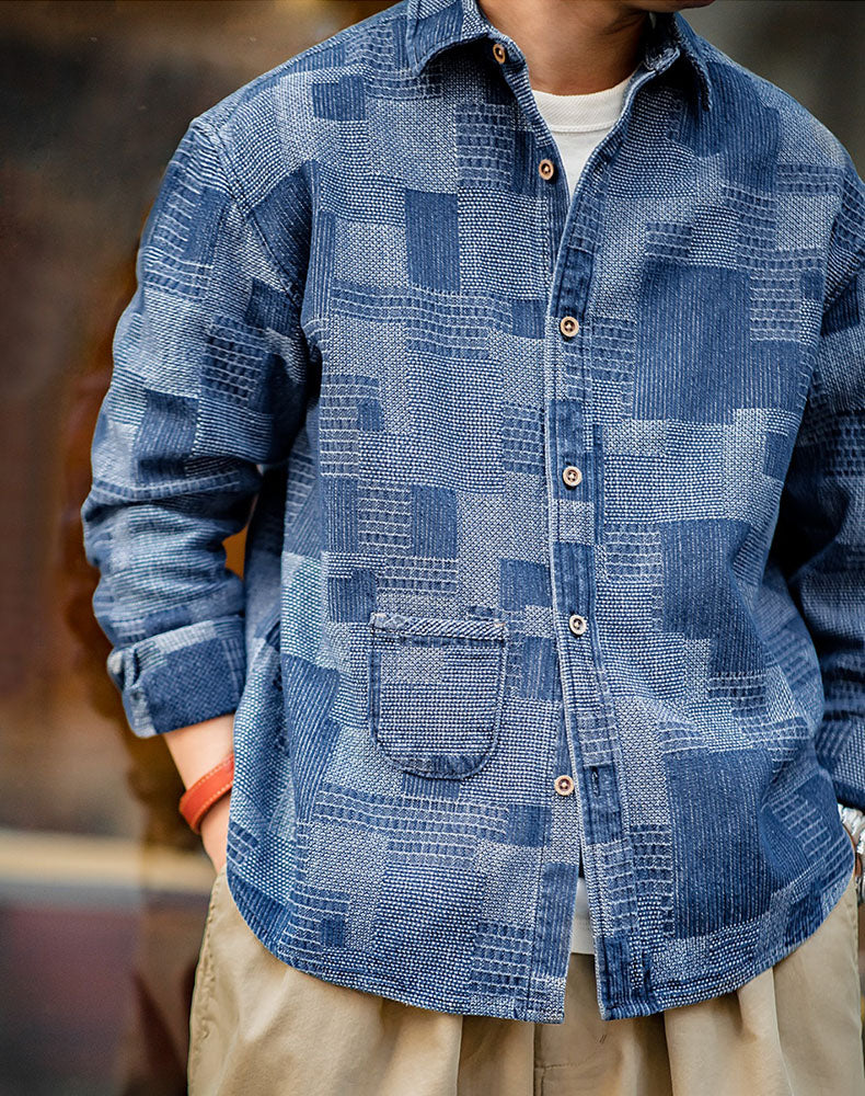 American Hundreds Of Cloth Denim Splicing Men's Shirt - Harmony Gallery