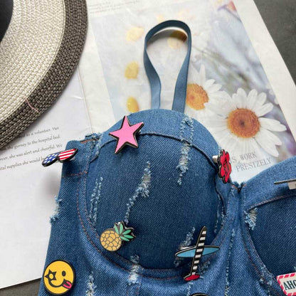 Hot American Fashionable All-Match Camisole Denim Crop Top - Harmony Gallery