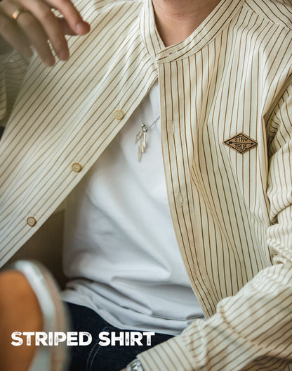 Retro Vertical Stripe Stand Collar Loose Men's Baseball Shirt - Harmony Gallery