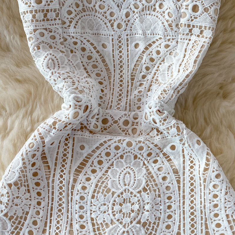 Square Neck Puff Sleeves Slim High-End Lace Women's Dress - Harmony Gallery