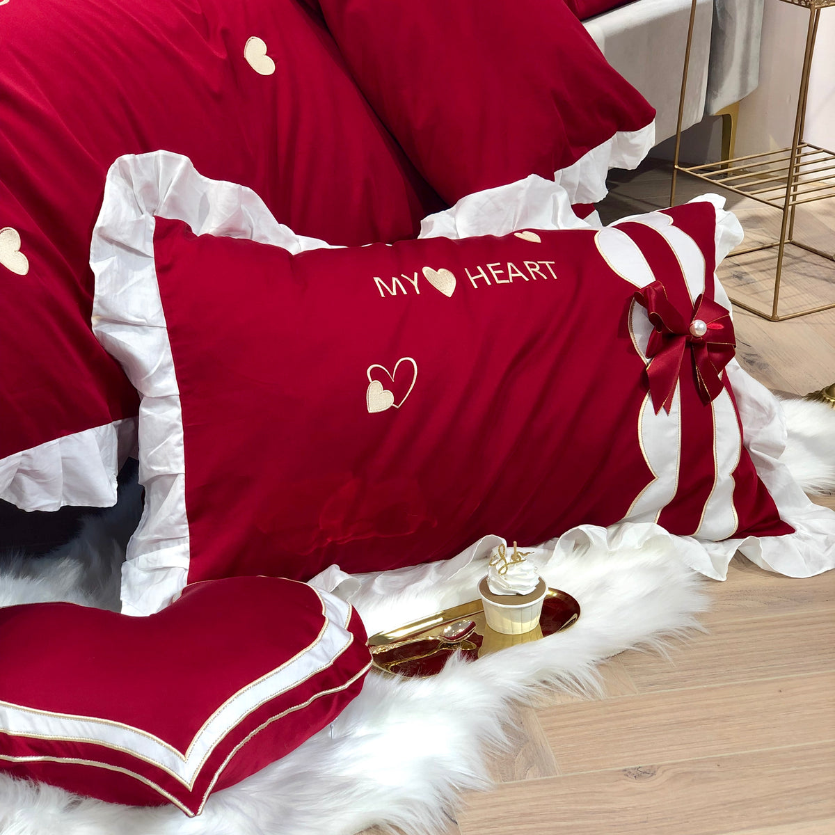 Cotton Heart Embroidery Five-Piece Wedding Bow Ruffle Bed Set - Harmony Gallery