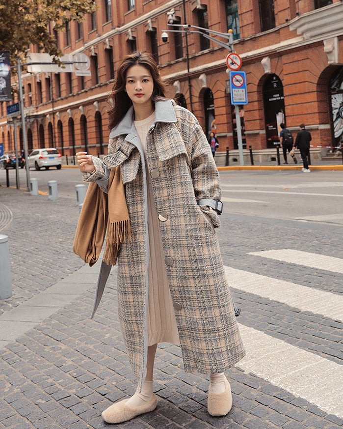 Woolen Over The Knee Loose Plaid Women's Coat - Harmony Gallery