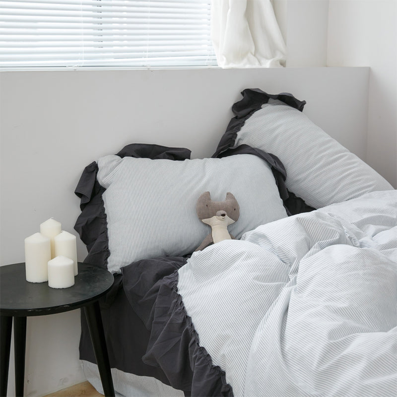 Dark Cotton Washed Lotus Leaf Lace Four-Piece Striped Bed Set - Harmony Gallery