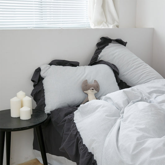 Dark Cotton Washed Lotus Leaf Lace Four-Piece Striped Bed Set - Harmony Gallery