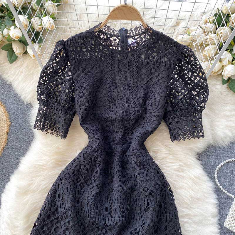 Summer Sense Hollow Puff Sleeves Slim Short Women's Dress - Harmony Gallery