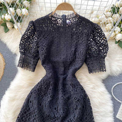 Summer Sense Hollow Puff Sleeves Slim Short Women's Dress - Harmony Gallery
