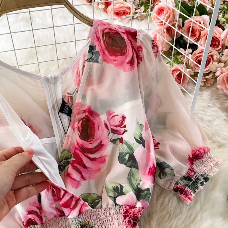 Super Fairy Retro Rose Print Seaside Holiday Elegant Women's Dress - Harmony Gallery