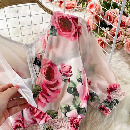 Super Fairy Retro Rose Print Seaside Holiday Elegant Women's Dress - Harmony Gallery