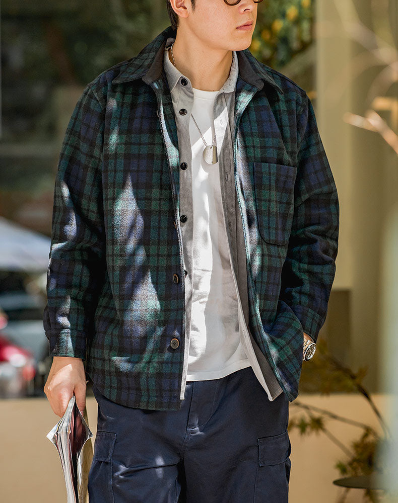 Retro Blue-Green Woolen Loose Thick Plaid Men's Shirt - Harmony Gallery