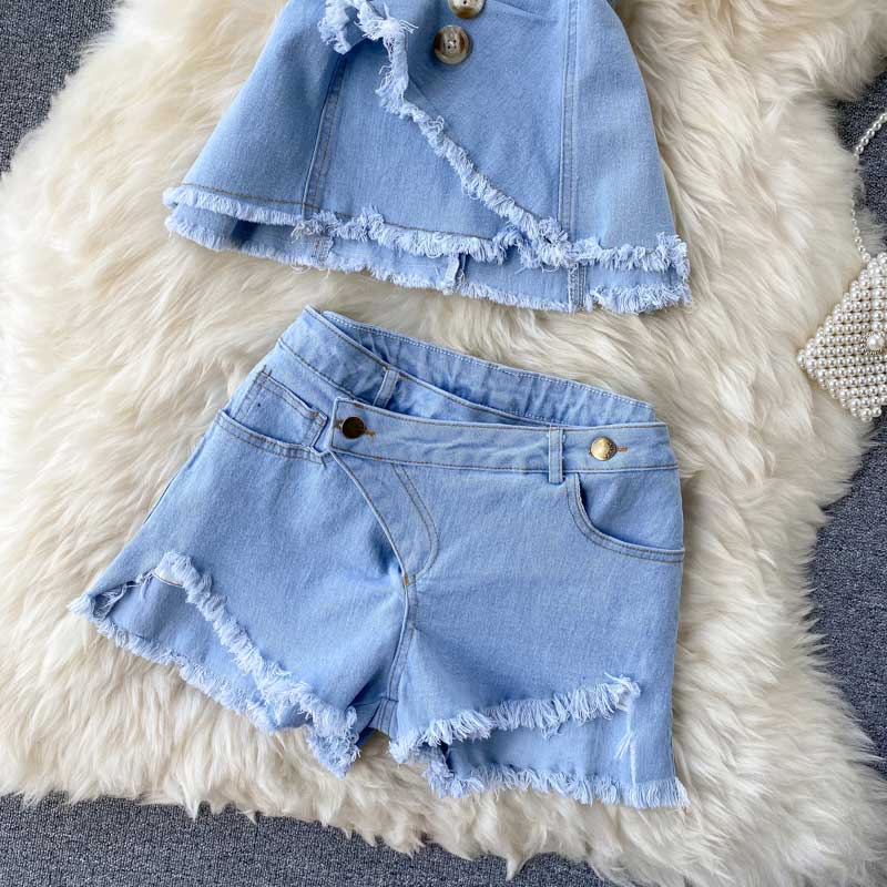 Scheming Pleated Fringed Two Piece Denim Women's Suit - Harmony Gallery