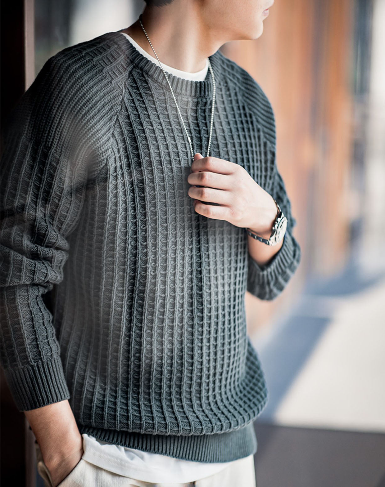 American Casual Waffle Round Neck Warm Pullover Men's Sweater - Harmony Gallery