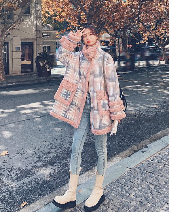 Short Plaid Winter Lamb Loose Cotton Women's Coat - Harmony Gallery