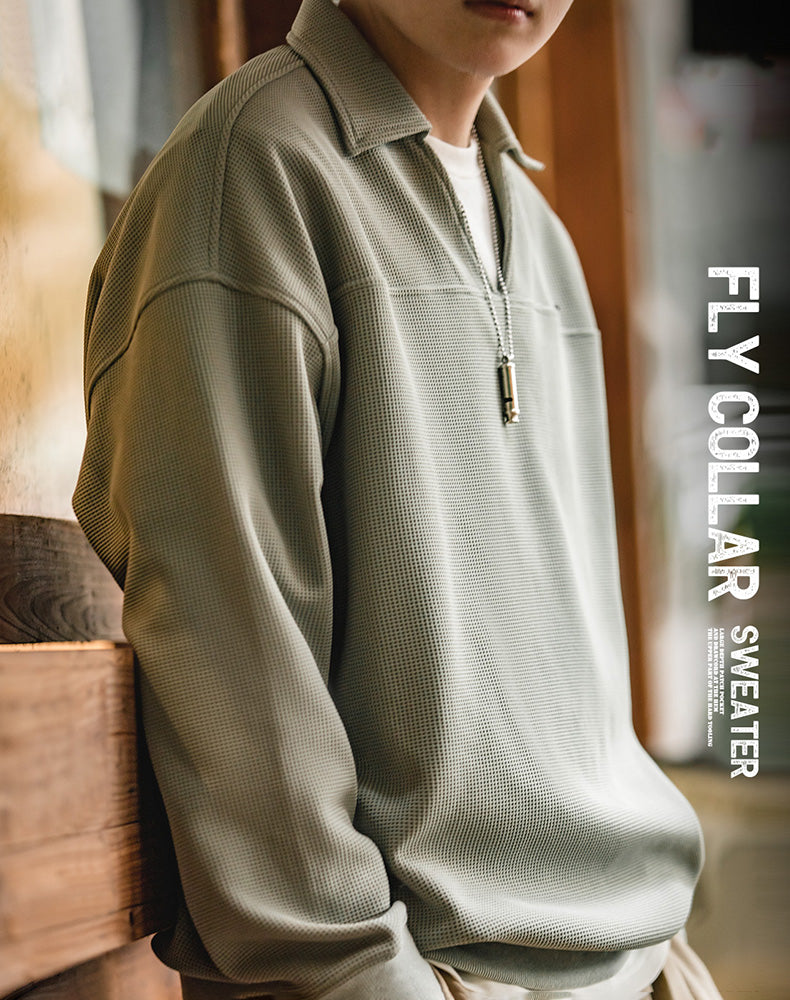 American Waffle V-Neck Polo Loose Pullover Men's Sweater - Harmony Gallery