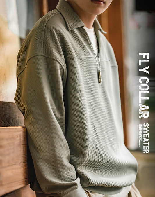 American Waffle V-Neck Polo Loose Pullover Men's Sweater - Harmony Gallery
