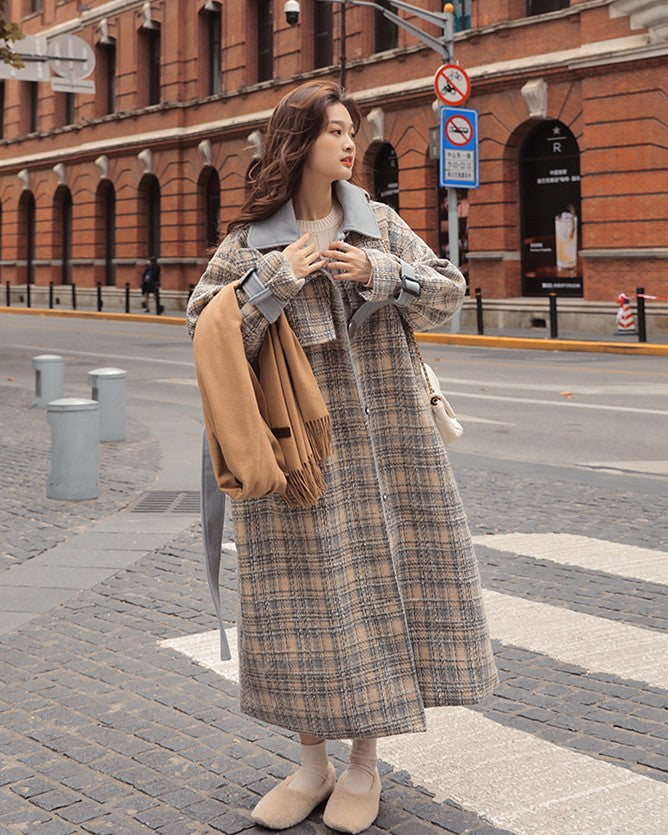 Woolen Over The Knee Loose Plaid Women's Coat - Harmony Gallery