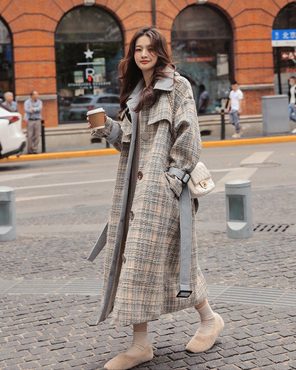 Woolen Over The Knee Loose Plaid Women's Coat - Harmony Gallery