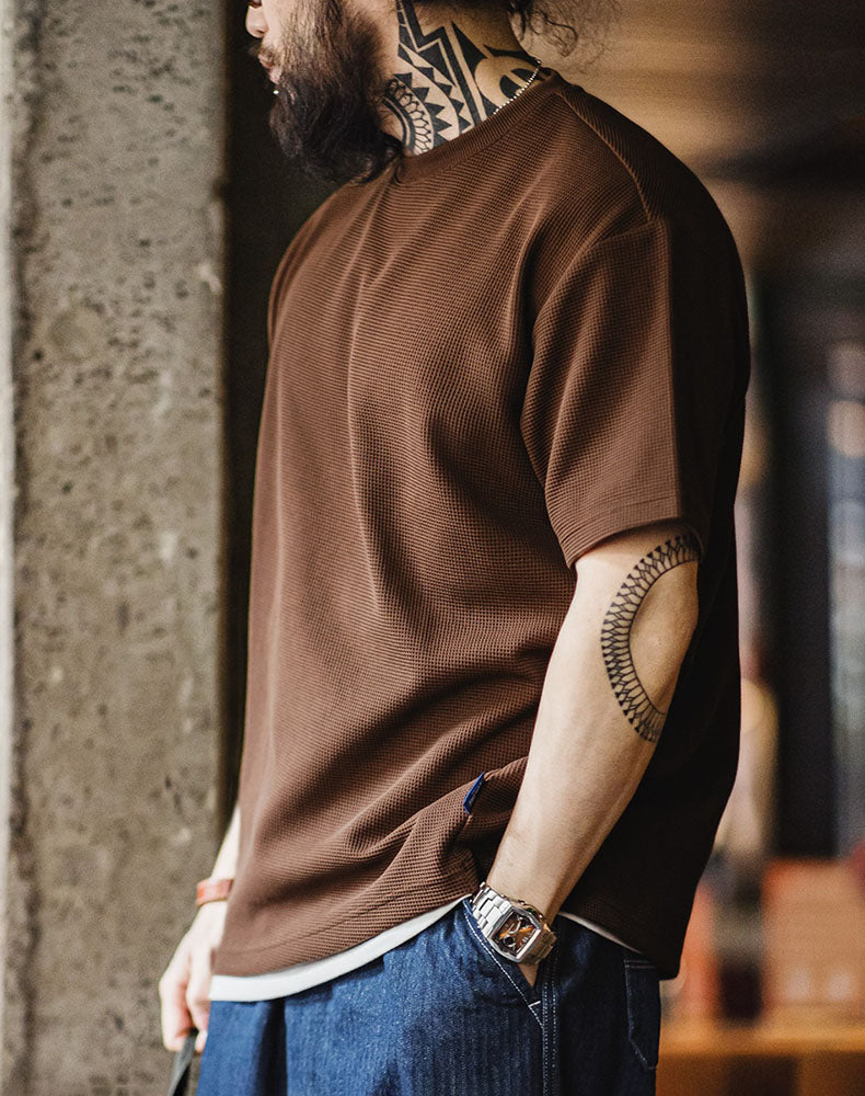 American Casual Waffle Texture Loose Layered Men's T-Shirt - Harmony Gallery
