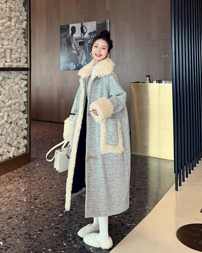 Horn Buckle Houndstooth Woolen Winter Women's Coat - Harmony Gallery