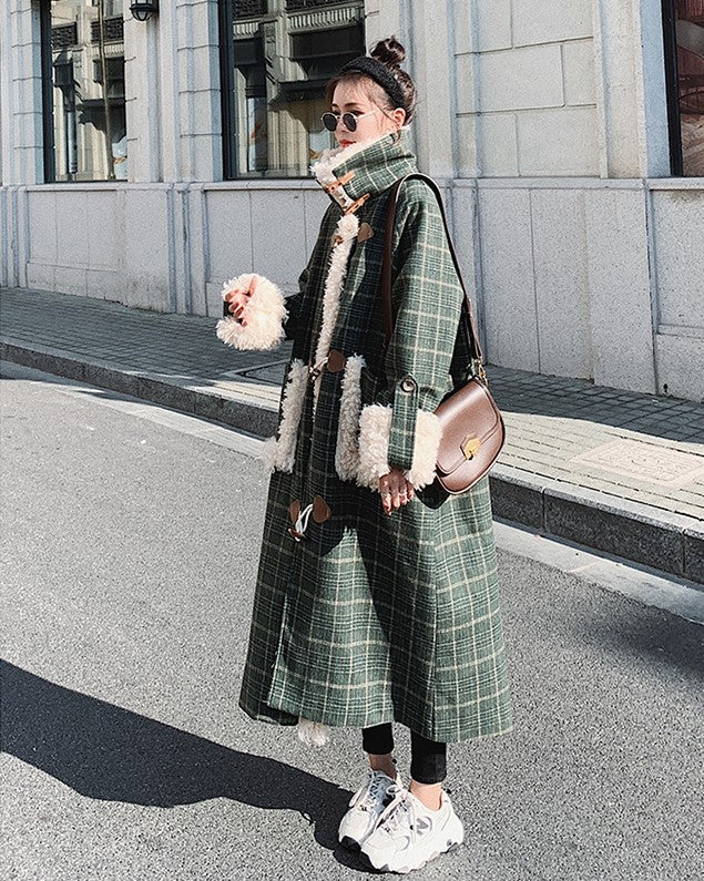 Plaid Loose Woolen Horn Button Winter Women's Coat - Harmony Gallery