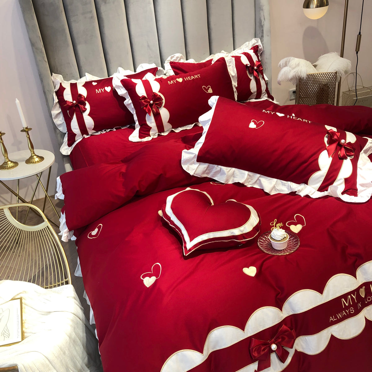 Cotton Heart Embroidery Five-Piece Wedding Bow Ruffle Bed Set - Harmony Gallery