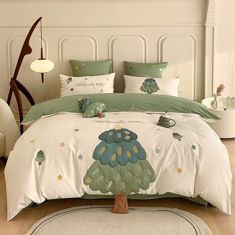 Tree & Stars Embroidery Seven-Piece Soft Cotton Bed Set - Harmony Gallery