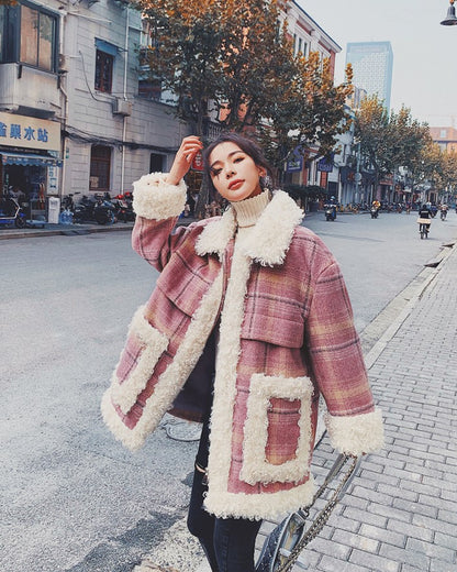 Pink Plaid Retro Lamb Wool Loose Loop Women's Coat - Harmony Gallery