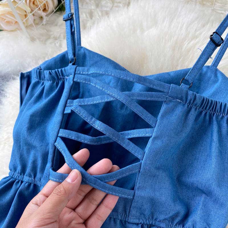 Summer Hollow Halter Strap Denim Women's Dress - Harmony Gallery