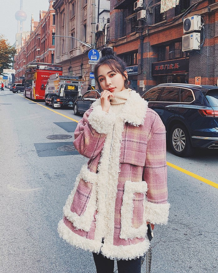 Pink Plaid Retro Lamb Wool Loose Loop Women's Coat - Harmony Gallery
