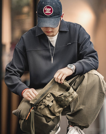 American Waffle V-Neck Polo Loose Pullover Men's Sweater - Harmony Gallery