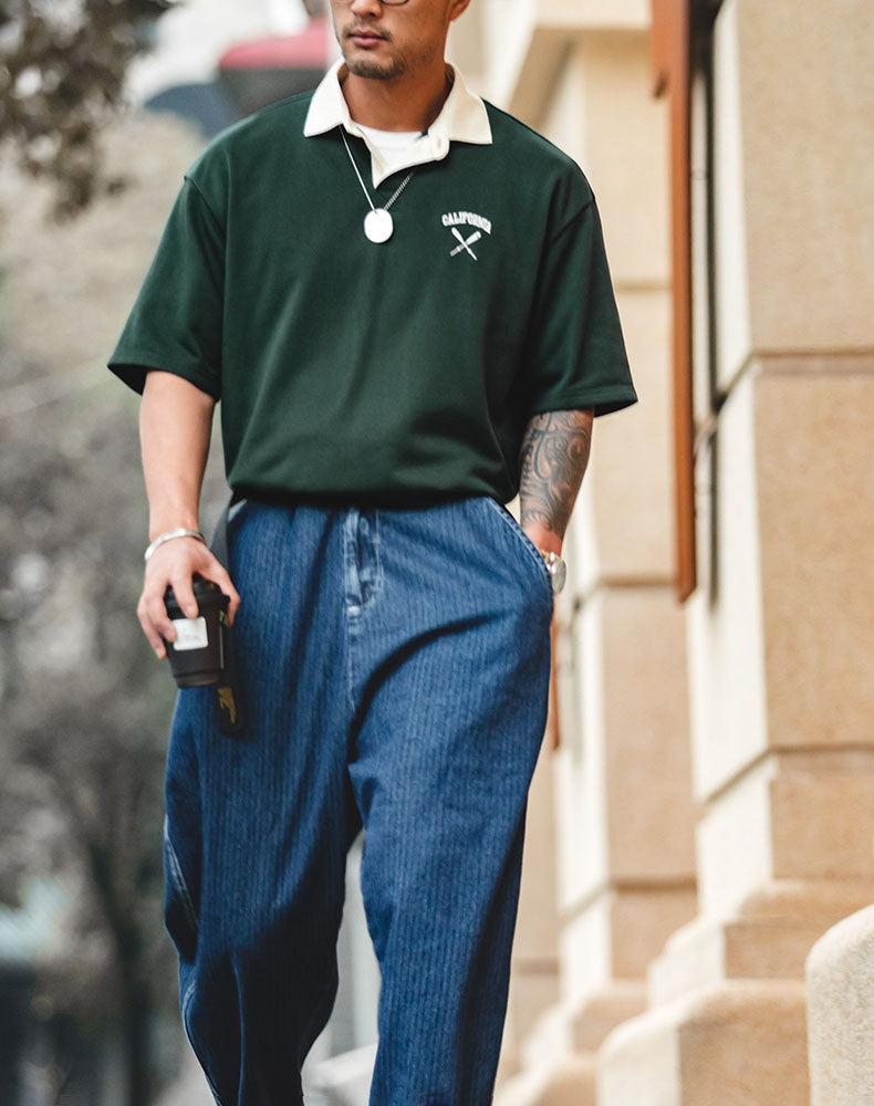 American Contrast Color Polo Loose Embroidery Men's T-Shirt - Harmony Gallery