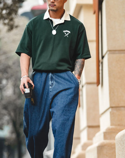 American Contrast Color Polo Loose Embroidery Men's T-Shirt - Harmony Gallery