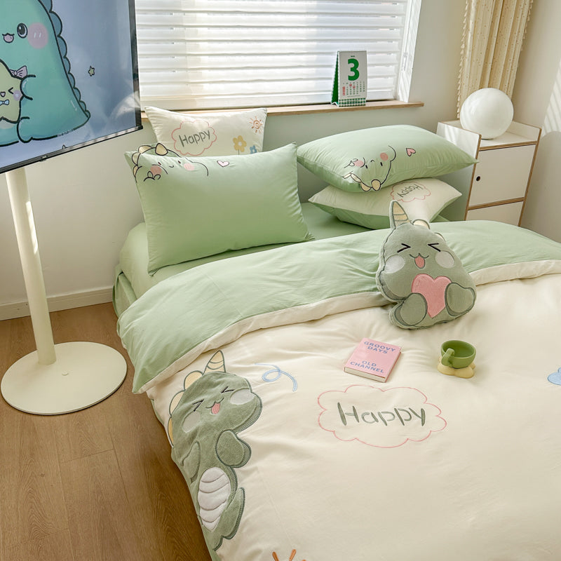 Little Dinosaur Washed Cotton Embroidery Four-Piece Bed Set - Harmony Gallery