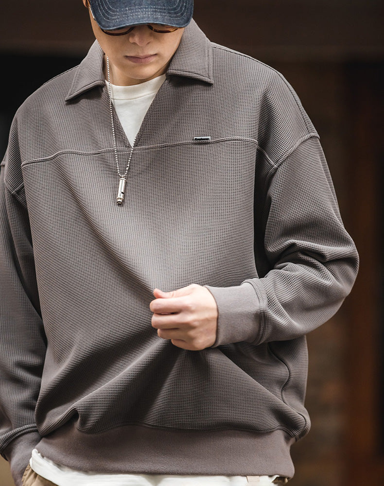 American Waffle V-Neck Polo Loose Pullover Men's Sweater - Harmony Gallery