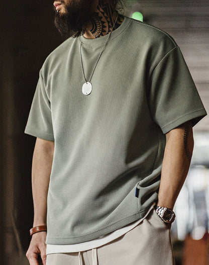 American Casual Waffle Texture Loose Layered Men's T-Shirt - Harmony Gallery